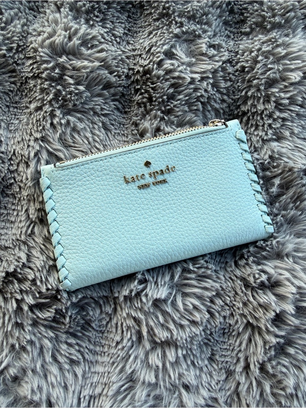 Kate Spade Dewy Light Blue Pebbled Leather Zip Card Wallet with Braided Trim